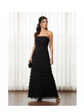 Tadashi Shoji Dress 100% Silk Black Layered Ruffled Vintage Maxi Dress Sz 8